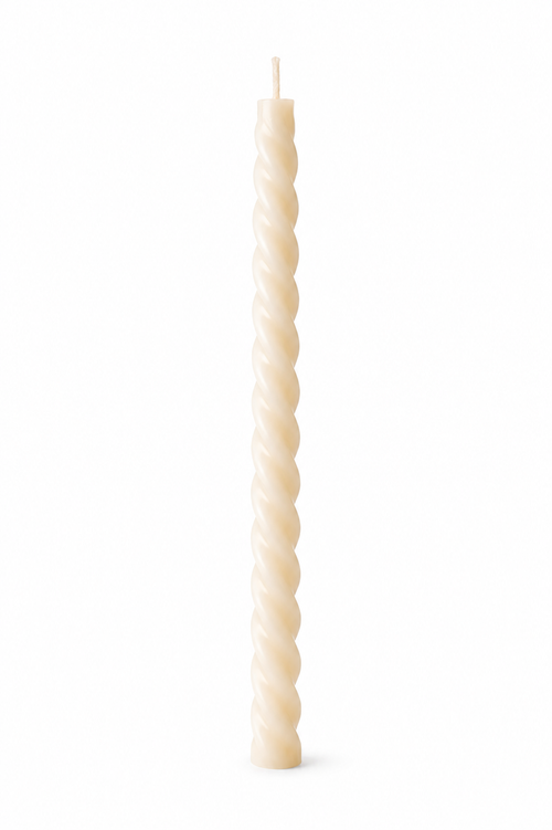 Serenes Beeswaxory pure beeswax twirl taper candle with a smooth, twisted design and warm honey color on a white background.