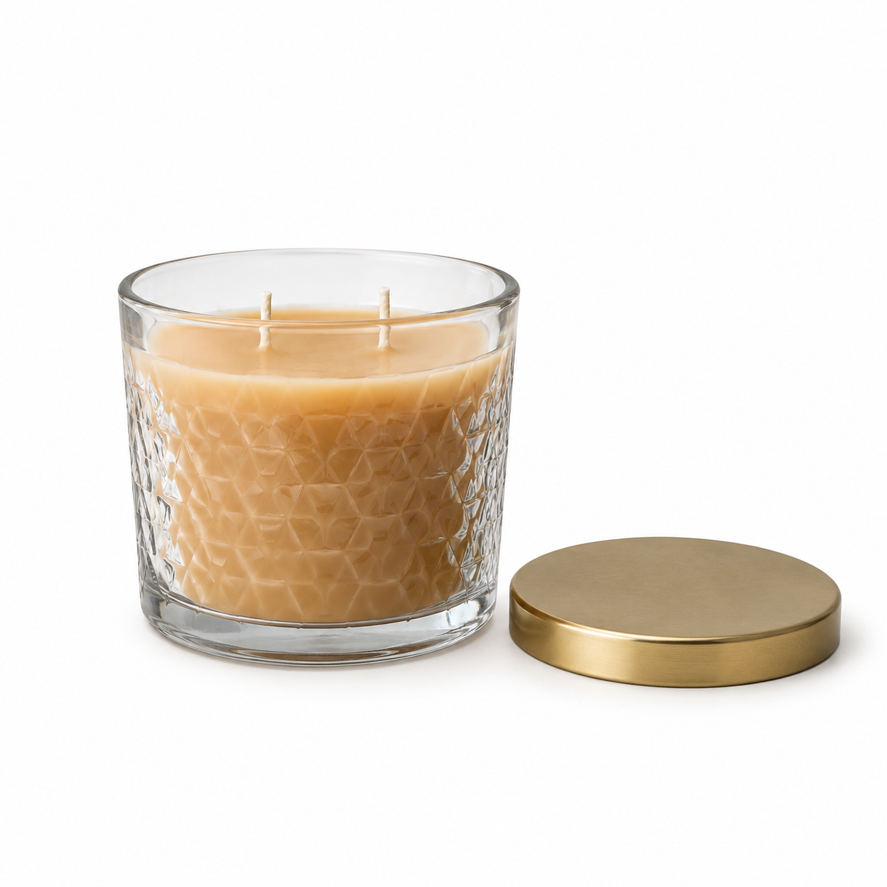 Unlit beeswax Serenity Jar Candle by Serenes Beeswaxory in a clear glass jar, showcasing its natural beeswax color and smooth surface.