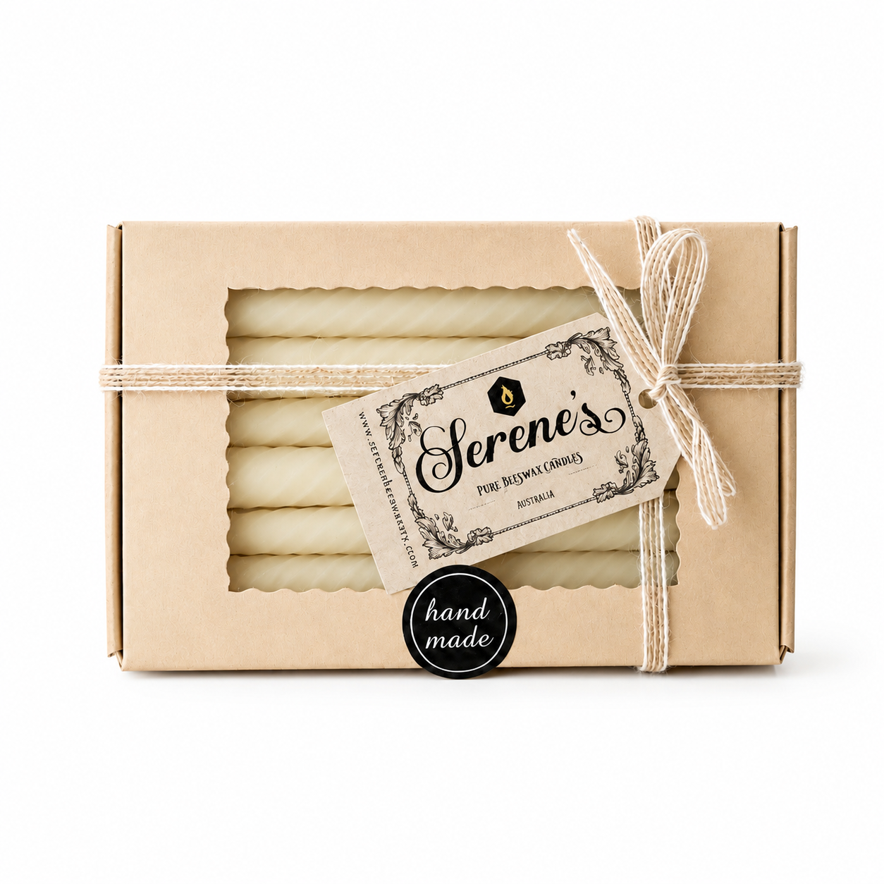 Eight pure beeswax Twirl Taper candles in a box, natural honey color, from Serenes Beeswaxory, suitable for decorative or ceremonial use.