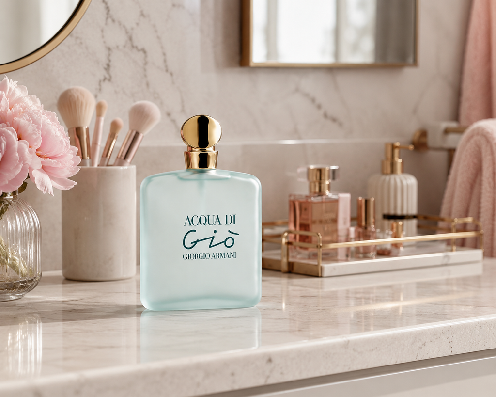 Lady holding Armani Acqua Di Gio 100ml EDT spray for women, elegant bottle with floral and citrus notes.