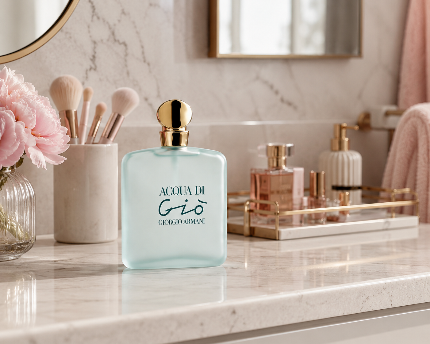 Lady holding Armani Acqua Di Gio 100ml EDT spray for women, elegant bottle with floral and citrus notes.