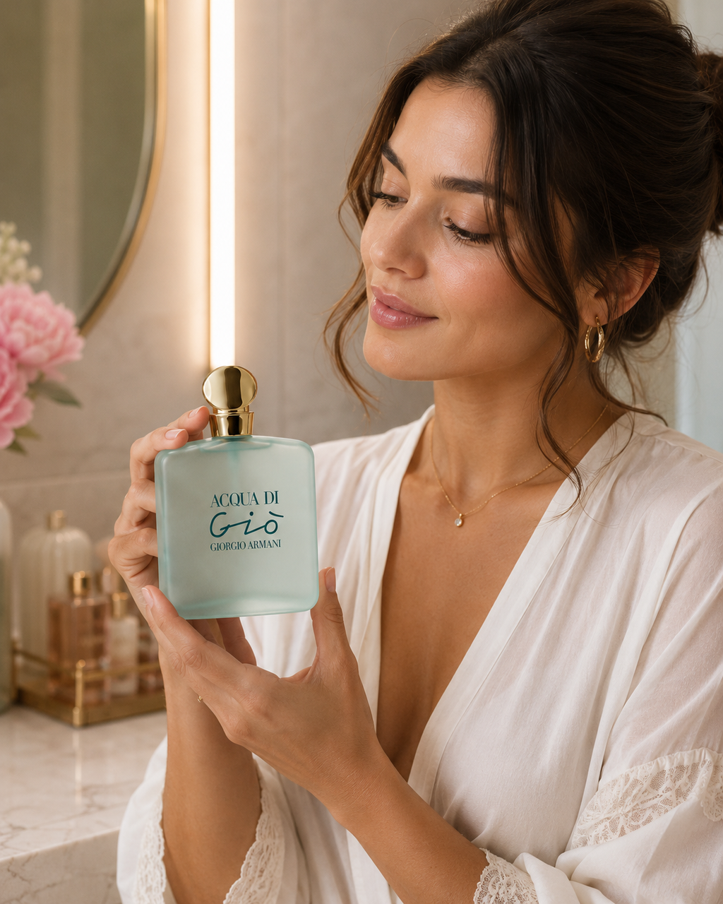 Ladies Armani Acqua Di Gio 100ml EDT spray for women, featuring elegant perfume bottle and floral design.