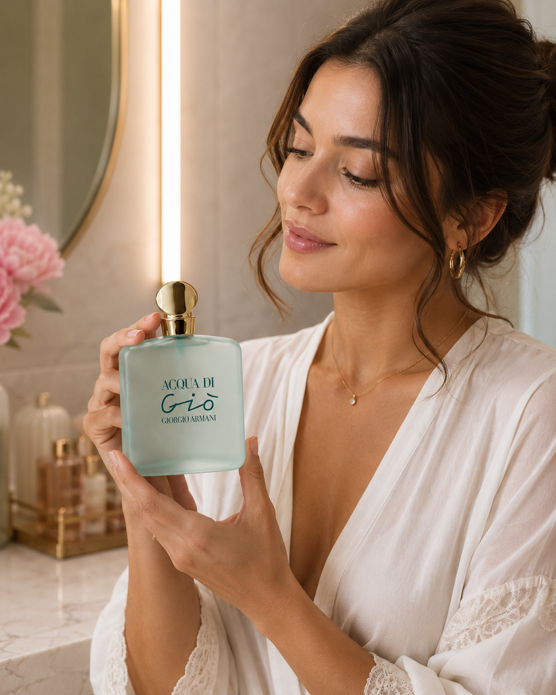 Ladies Armani Acqua Di Gio 100ml EDT spray for women, featuring elegant perfume bottle and floral design.