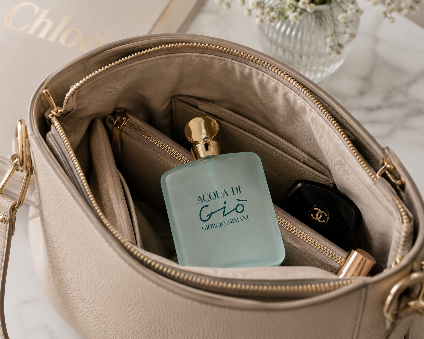 Lady holding Armani Acqua Di Gio 100ml perfume spray for women, elegant bottle in a health and beauty setting