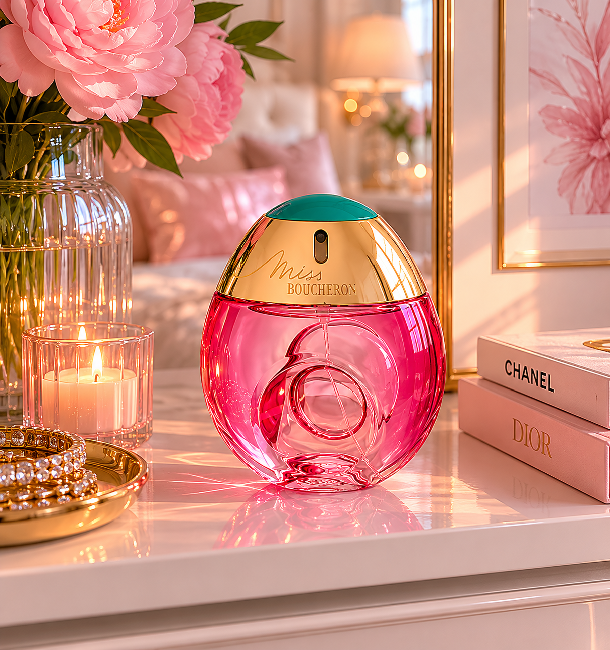 Miss Boucheron 100ml women’s perfume bottle by Boucheron, elegant glass design with fragrance sprayer in a personal care setting