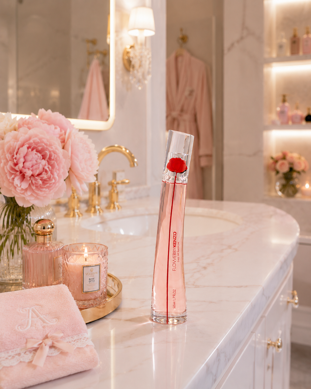 Kenzo Flower Eau De Vie 50ml perfume spray for women, featuring a floral fragrance in a sleek glass bottle.