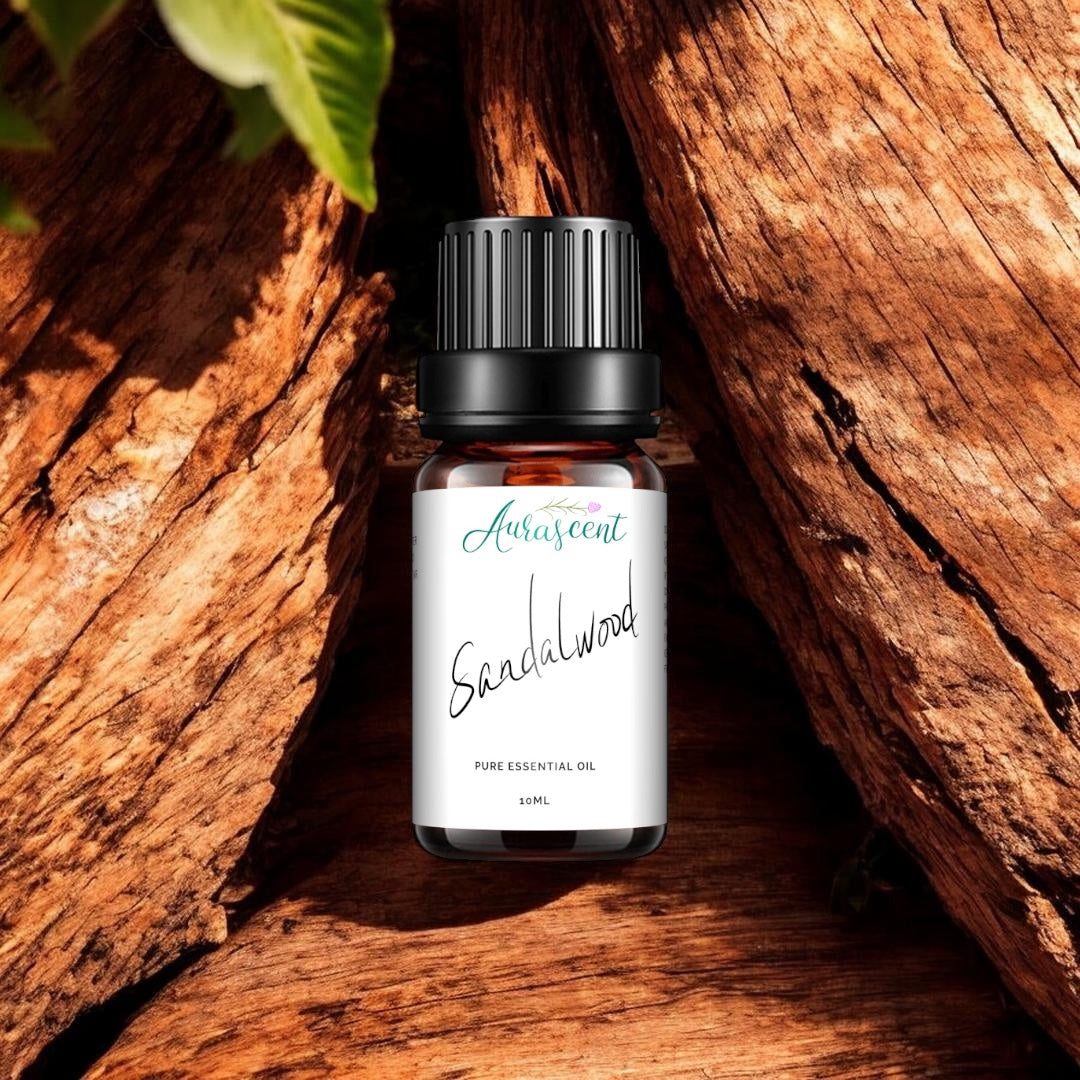 Sandalwood essential oil bottle on wooden background with warm natural light