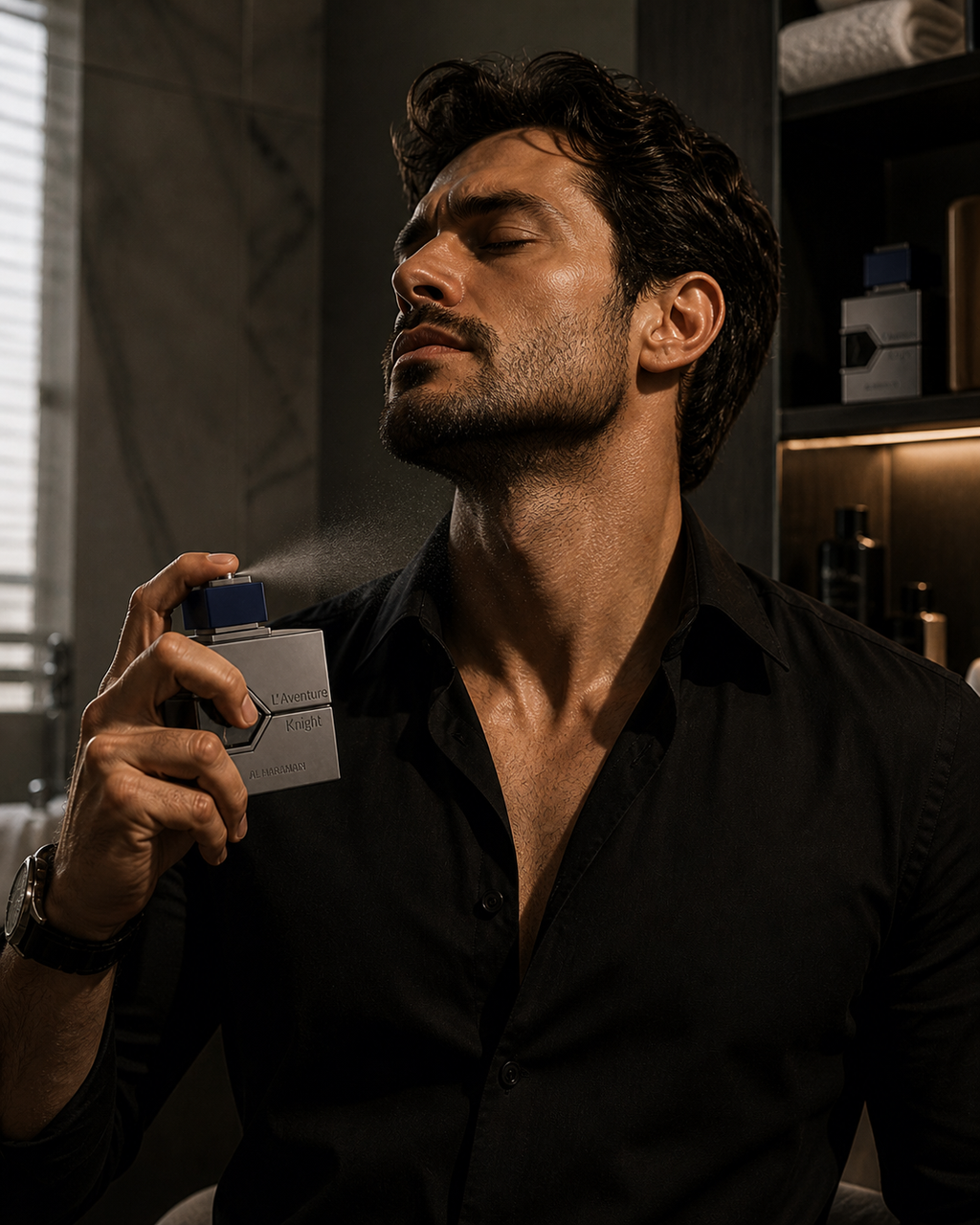 L'Aventure Knight 100ml men's EDP by Al Haramain, showcasing the elegant perfume bottle with gold accents on a white background.