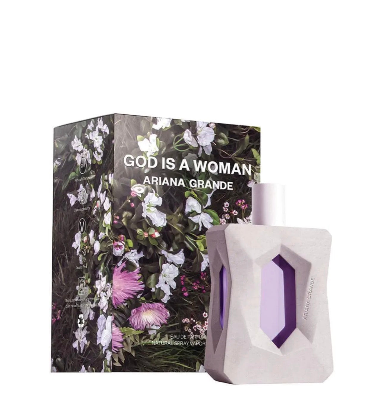 Ariana Grande God Is A Woman 100ml EDP for women, featuring the perfume bottle with a sleek design and floral accents.
