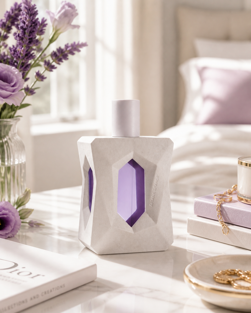Ariana Grande God Is A Woman 100ml EDP for women, featuring the perfume bottle with a sleek design and floral accents.