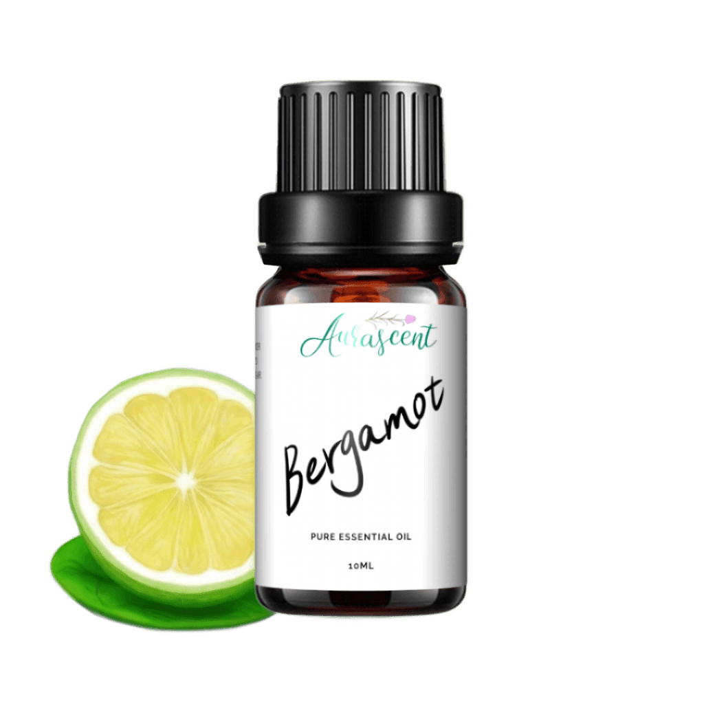 Aurascent Bergamot Essential Oil 10ml bottle, clear glass with a white label, set against a light background.