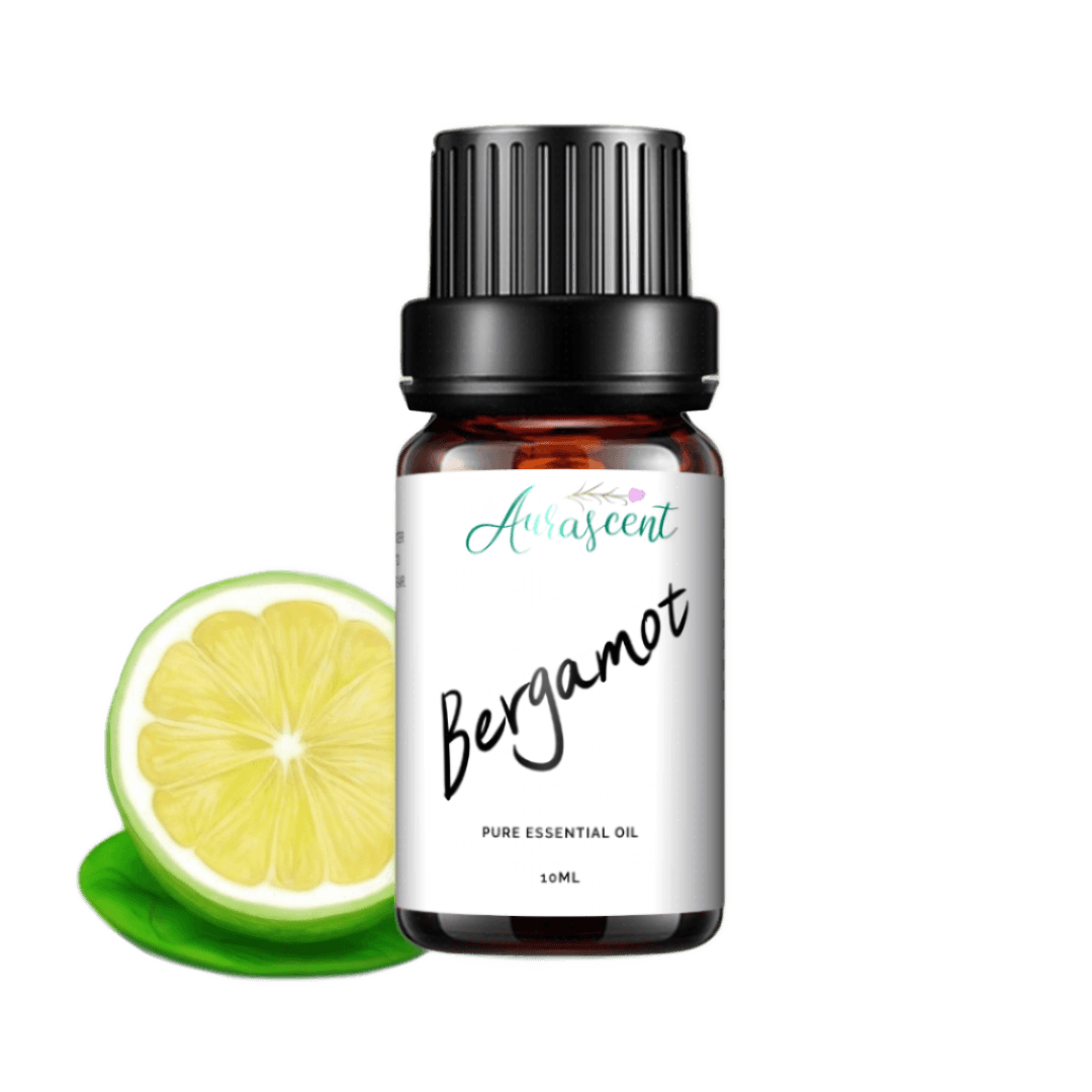 Aurascent Bergamot Essential Oil 10ml bottle, clear glass with a white label, set against a light background.