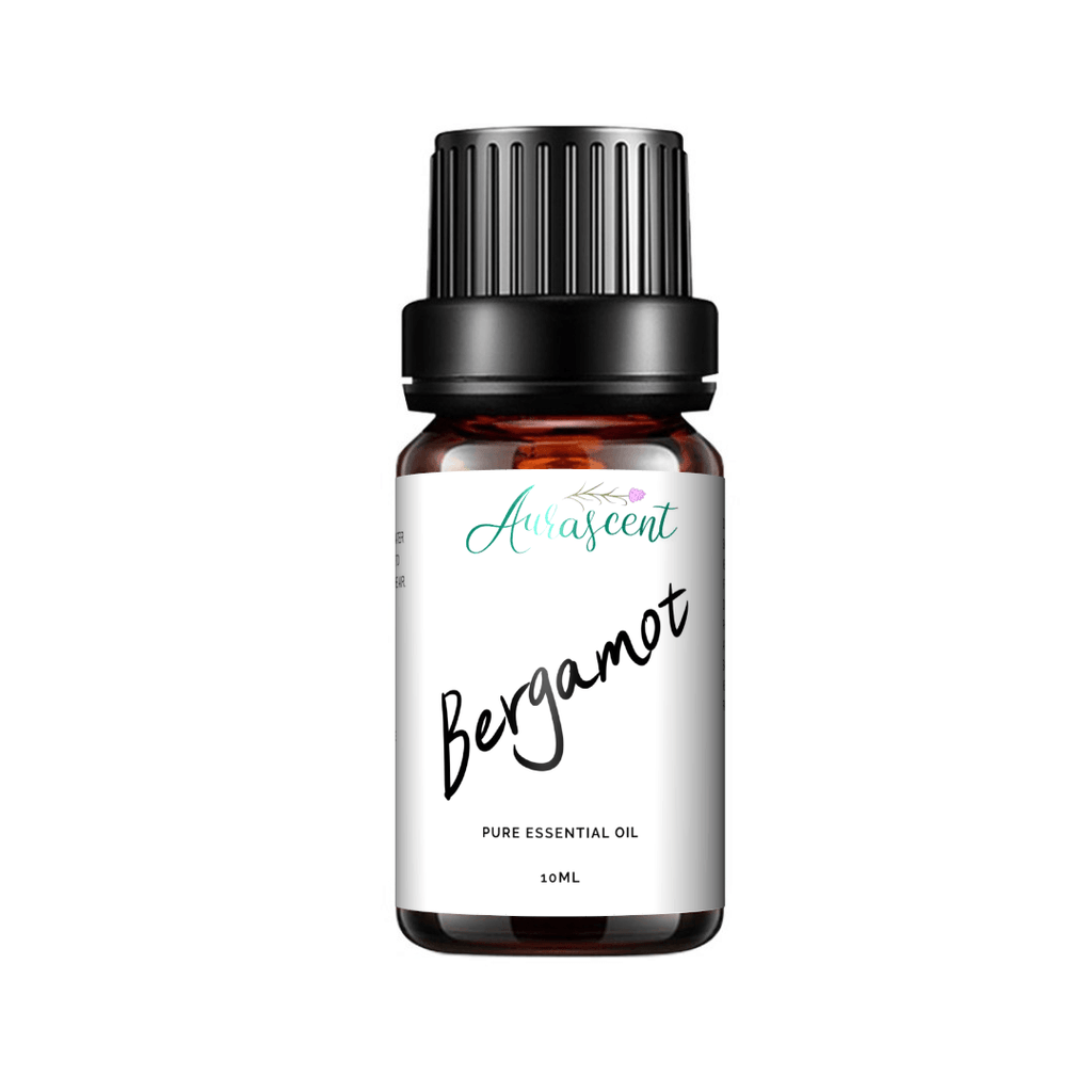 Aurascent Bergamot Essential Oil 10ml bottle with a clear glass container and label, ideal for aromatherapy and natural wellness.