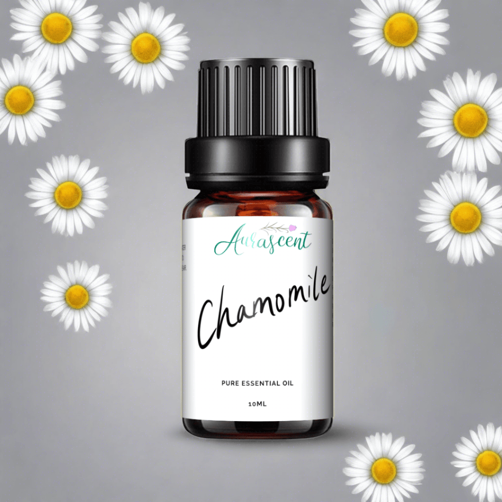 Aurascent Chamomile Essential Oil 10ml bottle with label, amber glass container with dropper for aromatherapy and natural healing.