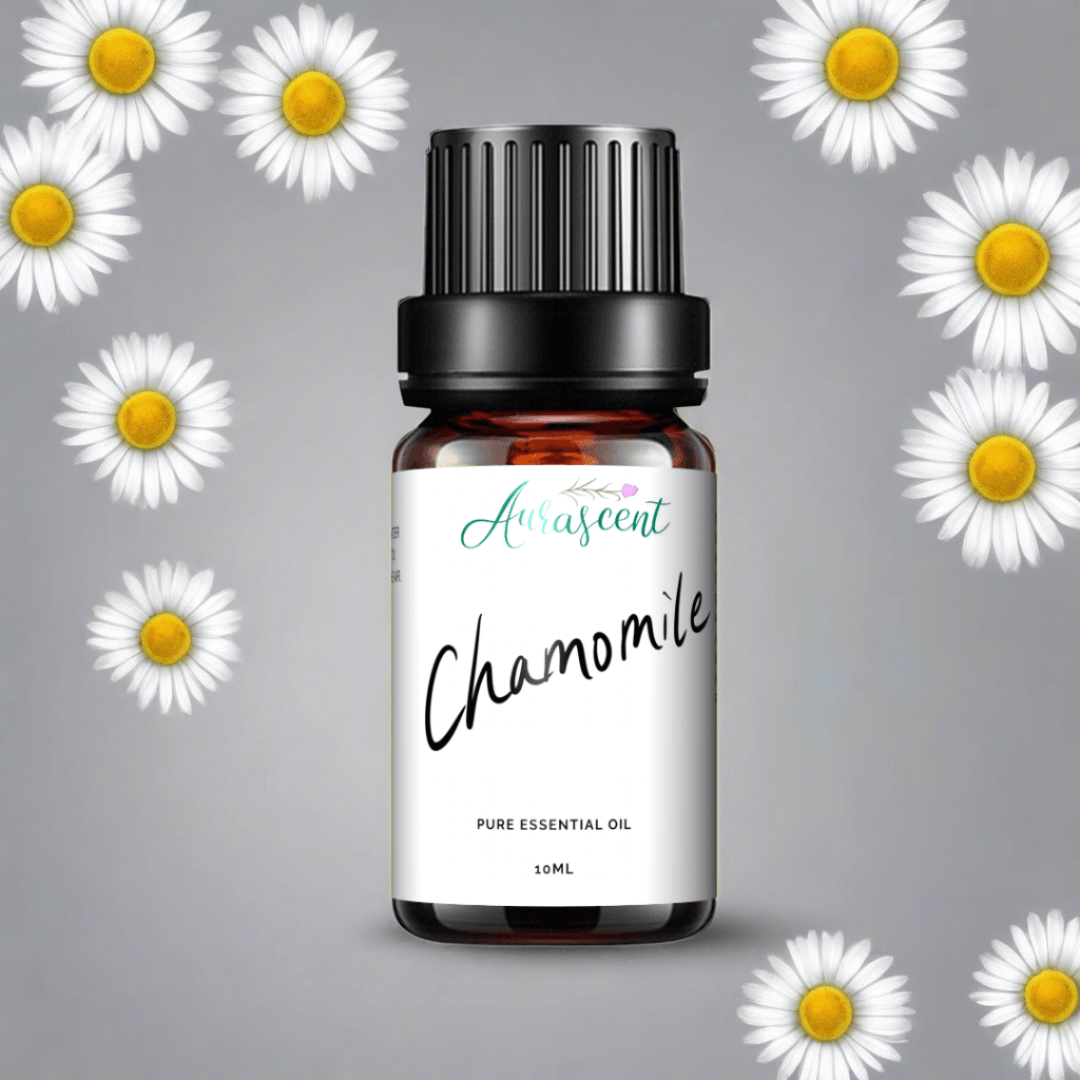Aurascent Chamomile Essential Oil 10ml bottle with label, amber glass container with dropper for aromatherapy and natural healing.
