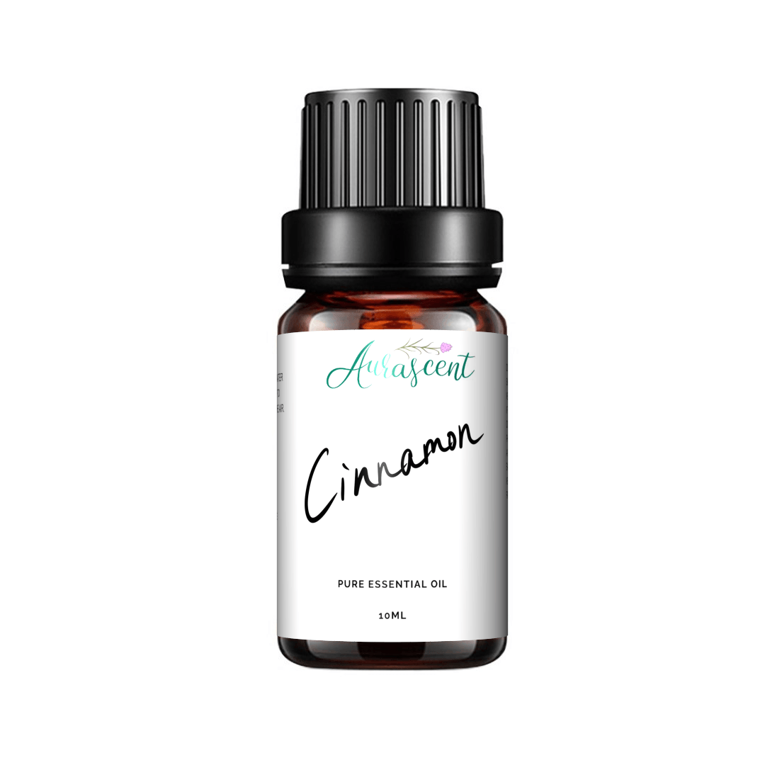 Aurascent cinnamon essential oil in a 10ml glass bottle with a white label and dropper cap, on a neutral background.