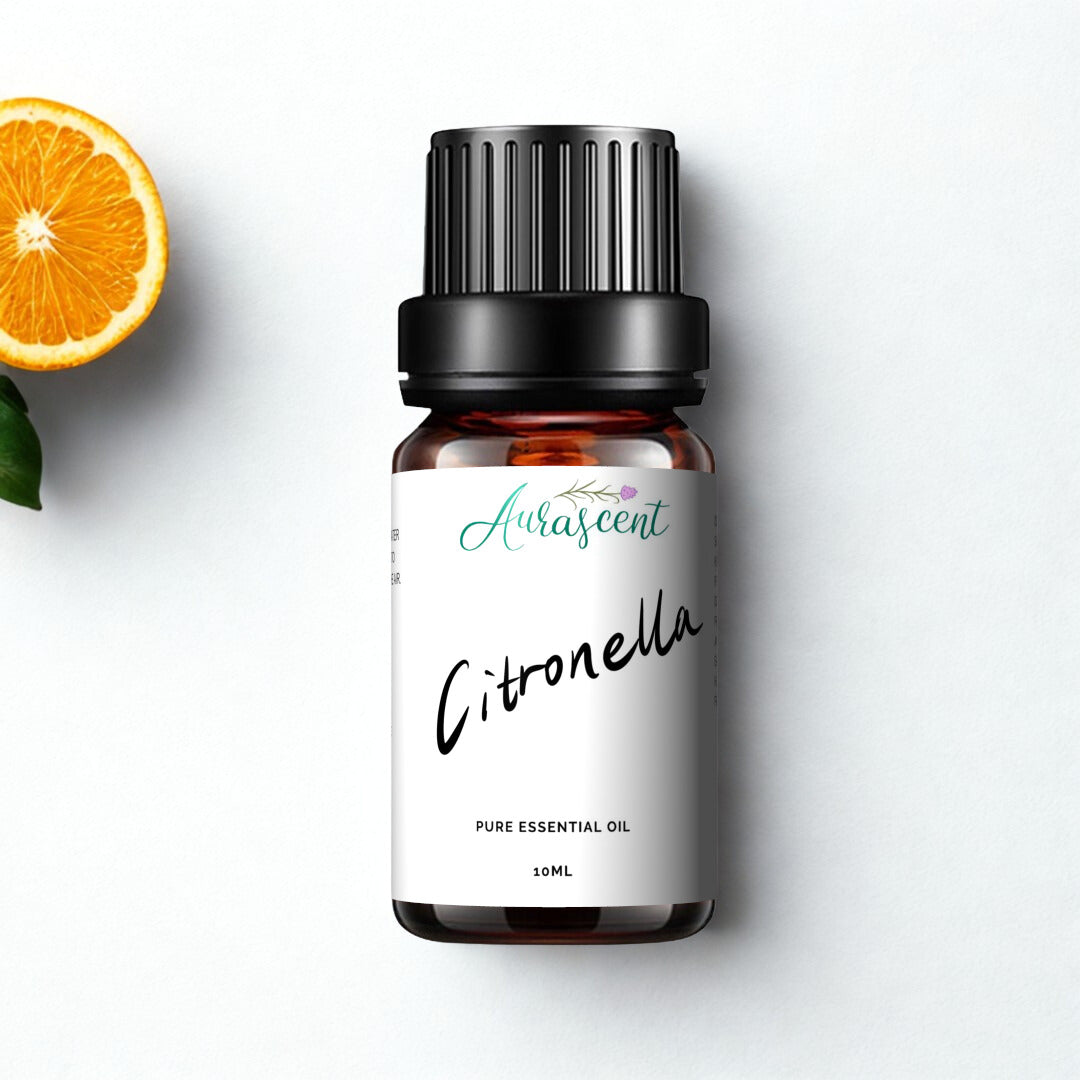 A 10ml bottle of Aurascent citronella essential oil with a clear label, placed on a white background.