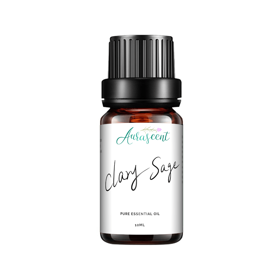Aurascent Clary Sage Essential Oil bottle, 10ml, with label showing natural herbal ingredients and amber glass bottle.