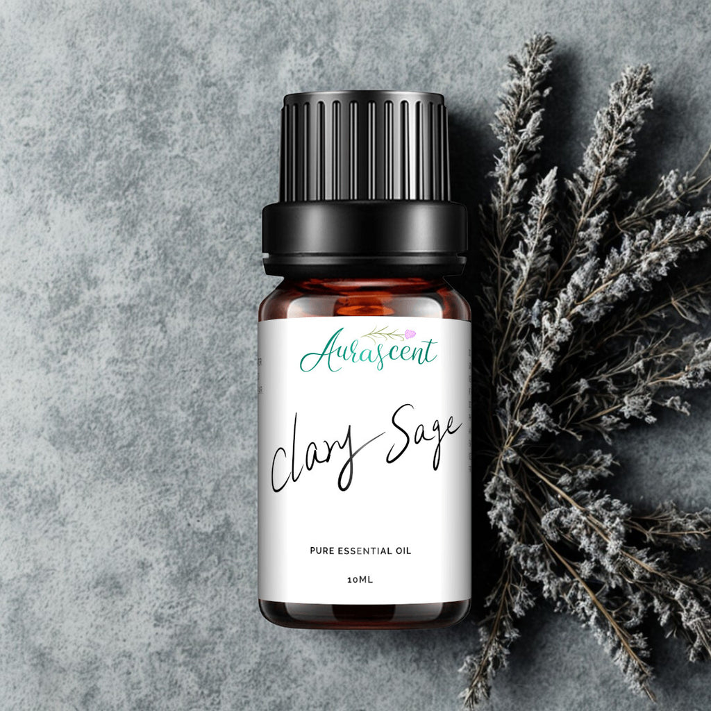 Aurascent Clary Sage Essential Oil in a 10ml glass bottle with a white label, set against a neutral background.