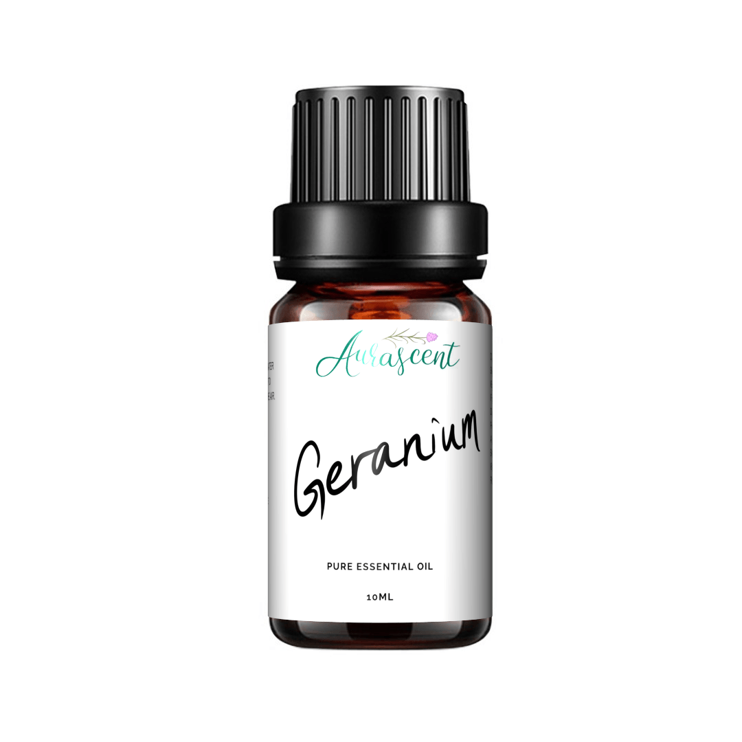 A 10ml bottle of Aurascent Geranium Essential Oil with a white label and clear glass bottle on a neutral background.