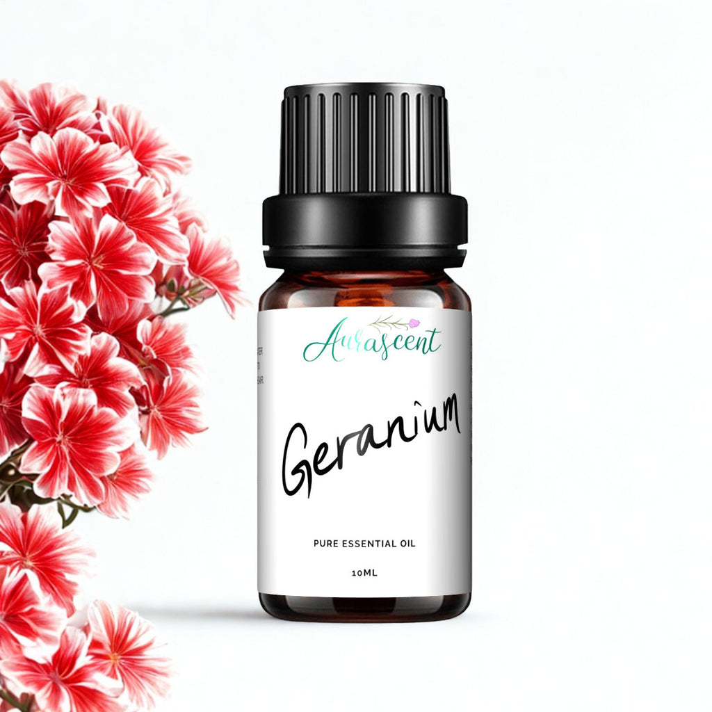 A 10ml bottle of Aurascent Geranium Essential Oil with a clear label and a dropper cap, set on a neutral background.