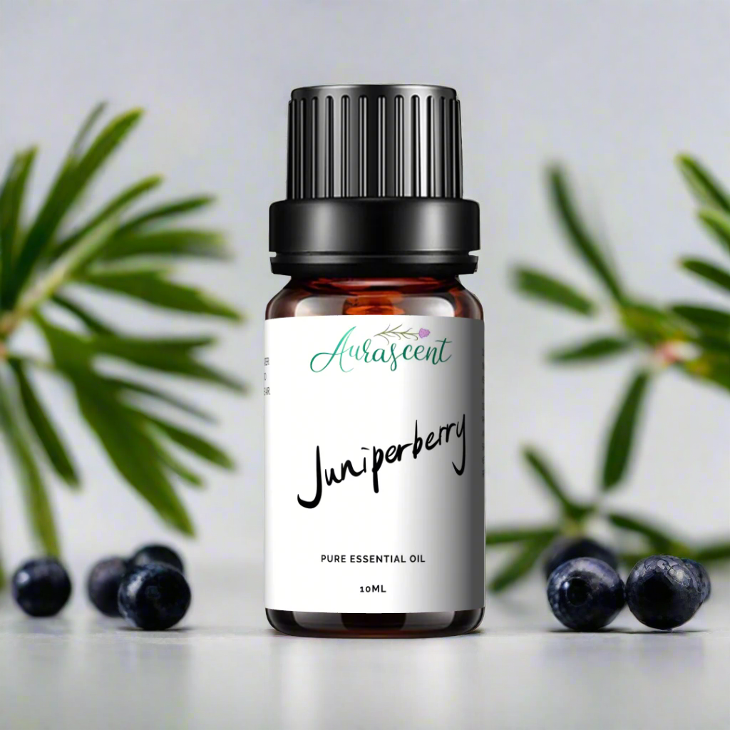 A 10ml bottle of Aurascent Juniperberry Essential Oil with label and clear cap, placed on a neutral background.