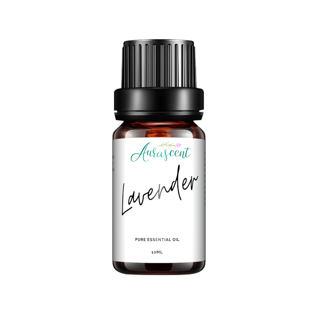 Aurascent lavender essential oil bottle, 10ml, with a clear glass container and lavender-colored label on a white background.
