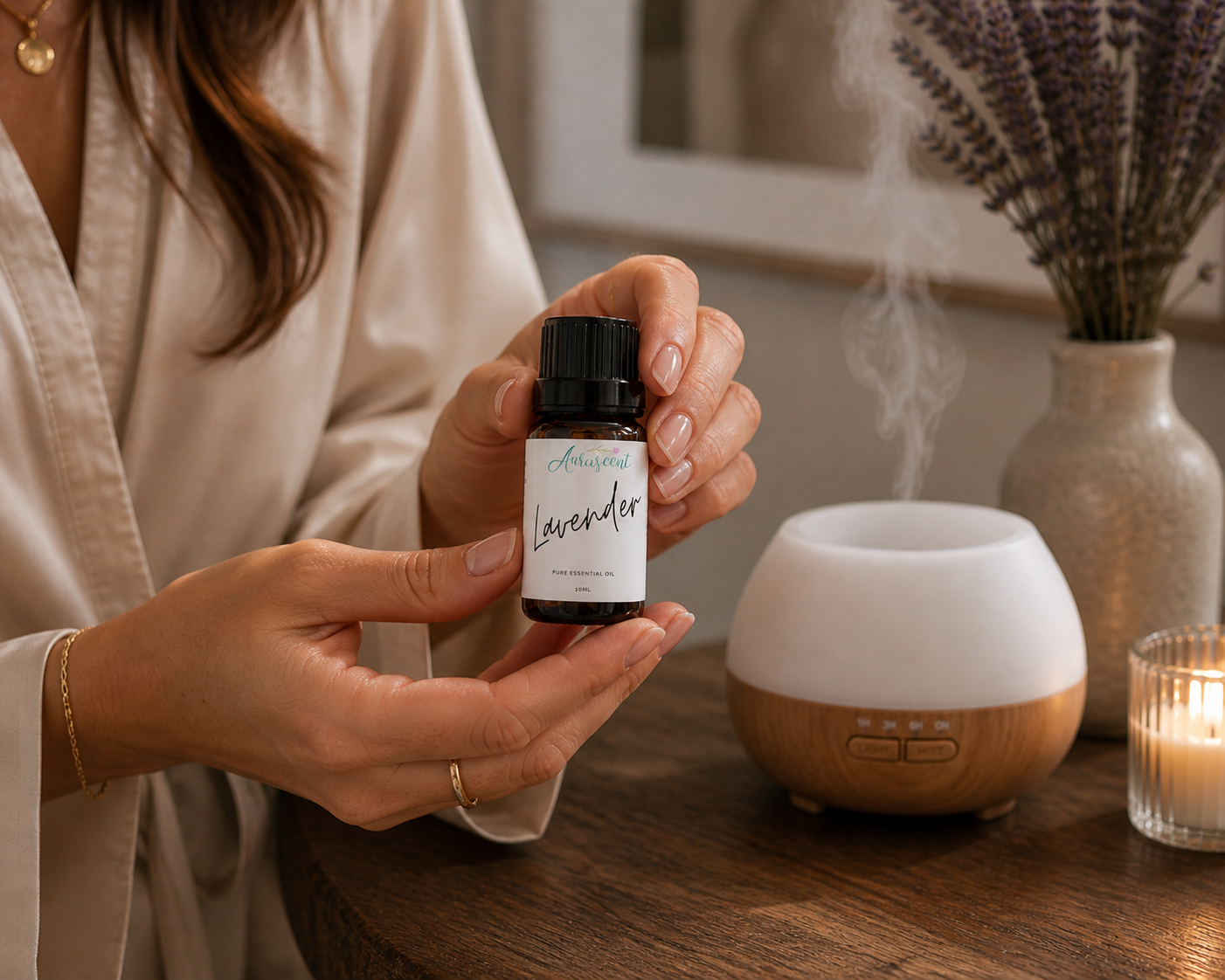Aurascent Lavender Essential Oil 10ml bottle with label, showcasing the essential oil product on a neutral background.