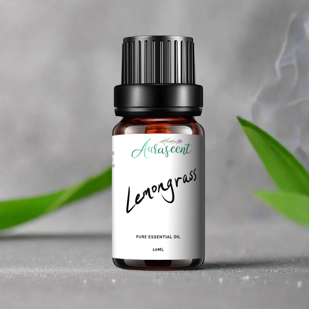 Aurascent Lemongrass Essential Oil 10ml bottle with label, showcasing the herbal and citrus scent of the natural essential oil.