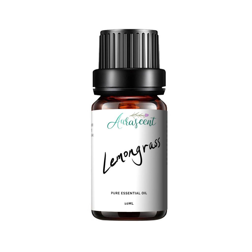 A 10ml bottle of Aurascent Lemongrass Essential Oil with natural yellow-green liquid in a clear glass bottle on a white background.