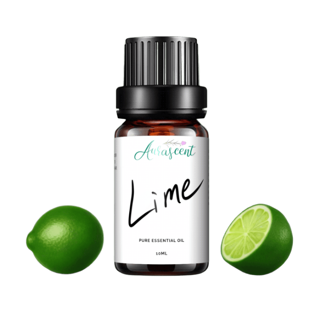 A 10ml bottle of Aurascent Lime Essential Oil with bright green label and citrus fruit illustration, showcasing the essential oil product.