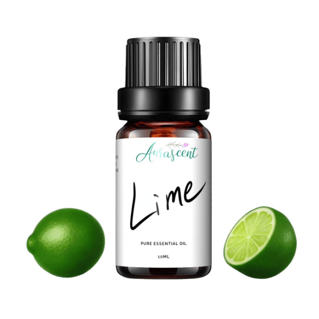 A 10ml bottle of Aurascent Lime Essential Oil with bright green label and citrus fruit illustration, showcasing the essential oil product.