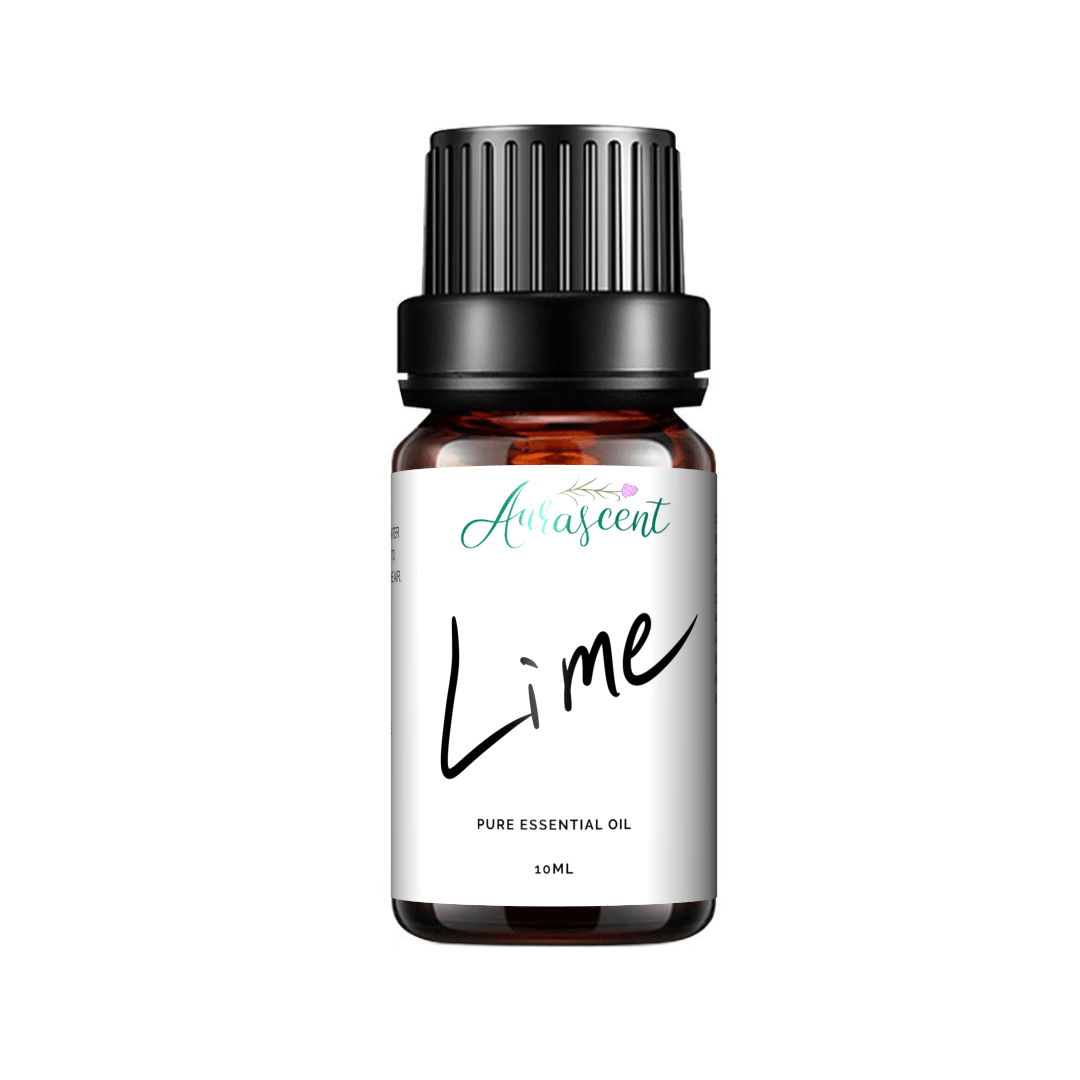 A 10ml bottle of Aurascent Lime Essential Oil with a green label, showcasing fresh lime scent and natural essential oil packaging.