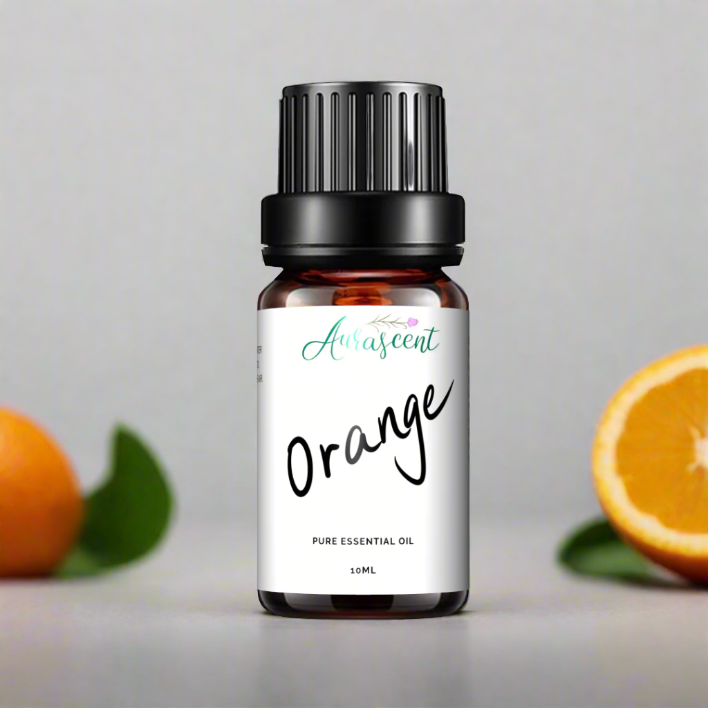 A 10ml bottle of Aurascent orange essential oil with a bright orange label and cap, displayed against a white background.