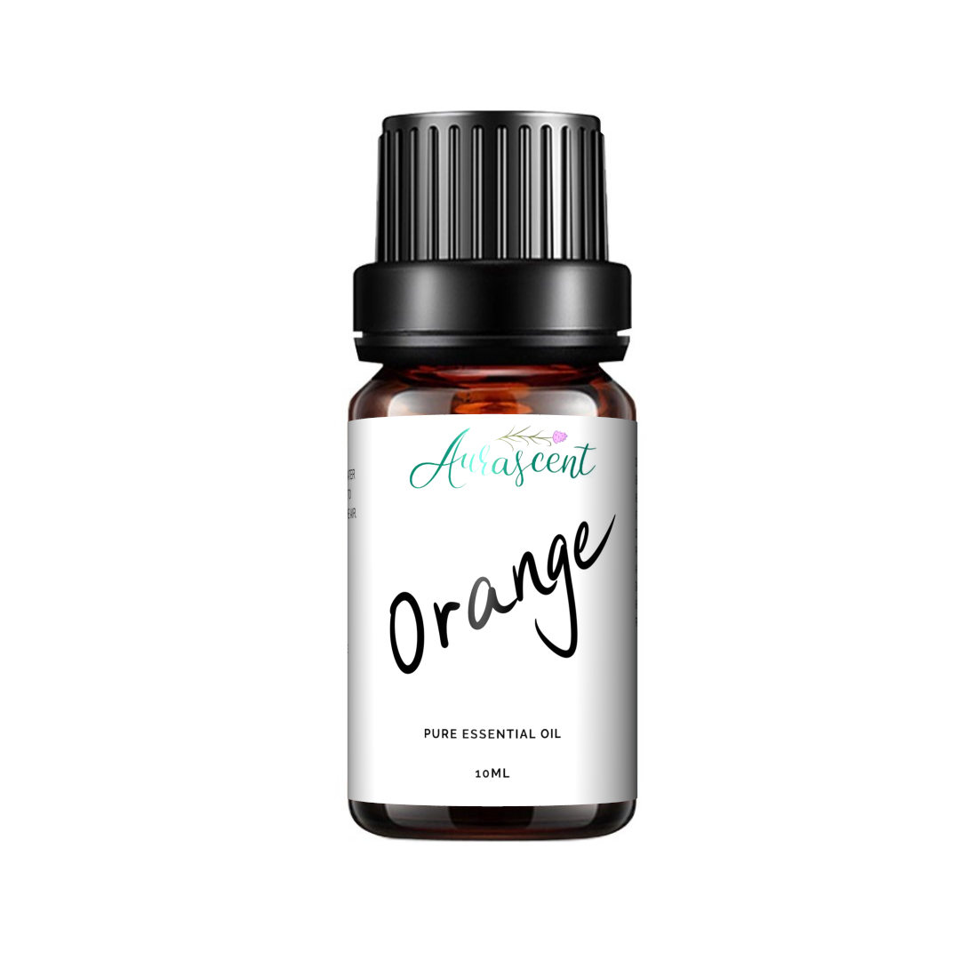 A 10ml bottle of Aurascent orange essential oil with bright orange liquid and clear label, displayed on a neutral background.