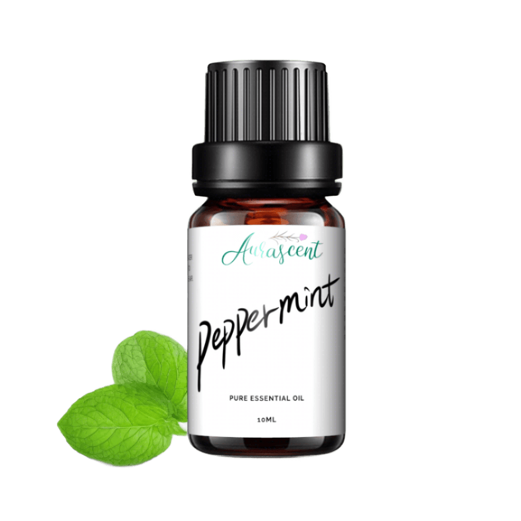 Aurascent peppermint essential oil in a 10ml bottle with a white label and silver cap, displayed on a neutral background.