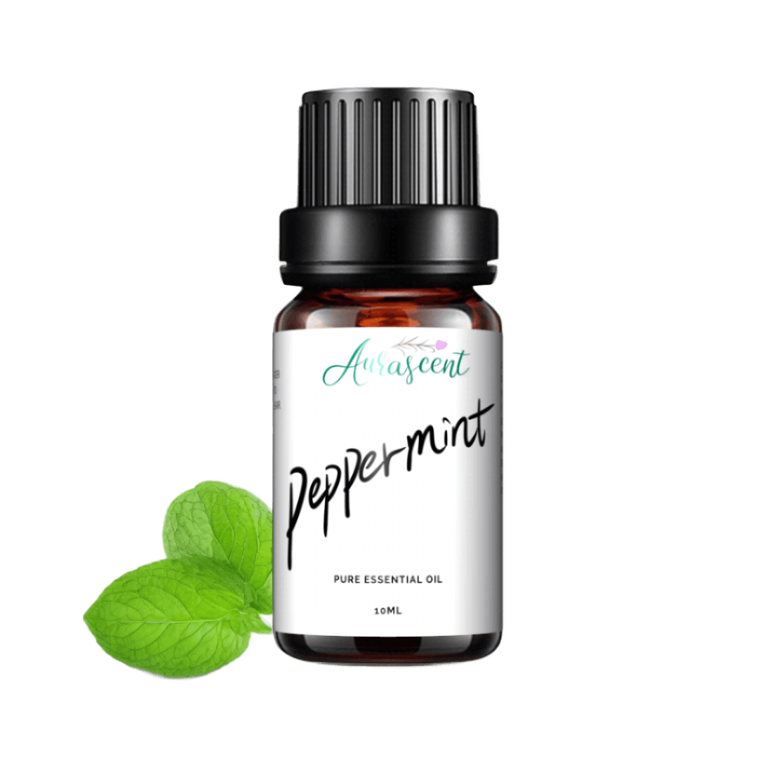 Aurascent peppermint essential oil in a 10ml bottle with a white label and silver cap, displayed on a neutral background.
