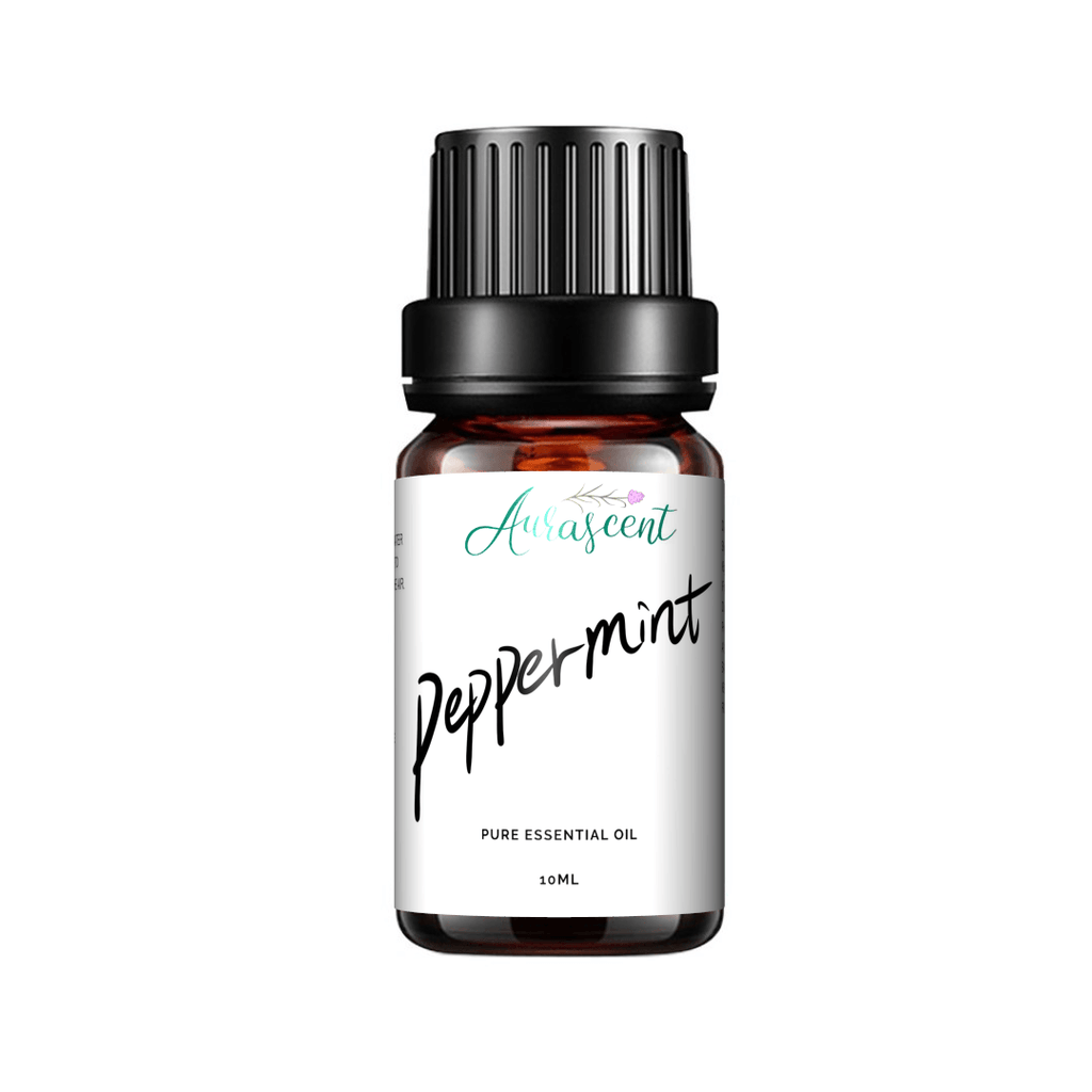 Aurascent peppermint essential oil bottle, 10ml, with a clear label and green peppermint leaves in the background.
