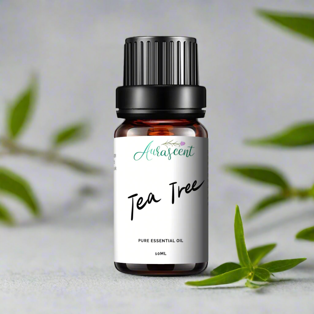 Aurascent Tea Tree Essential Oil 10ml bottle with dropper cap, clear glass container showing the green-tinted oil inside.
