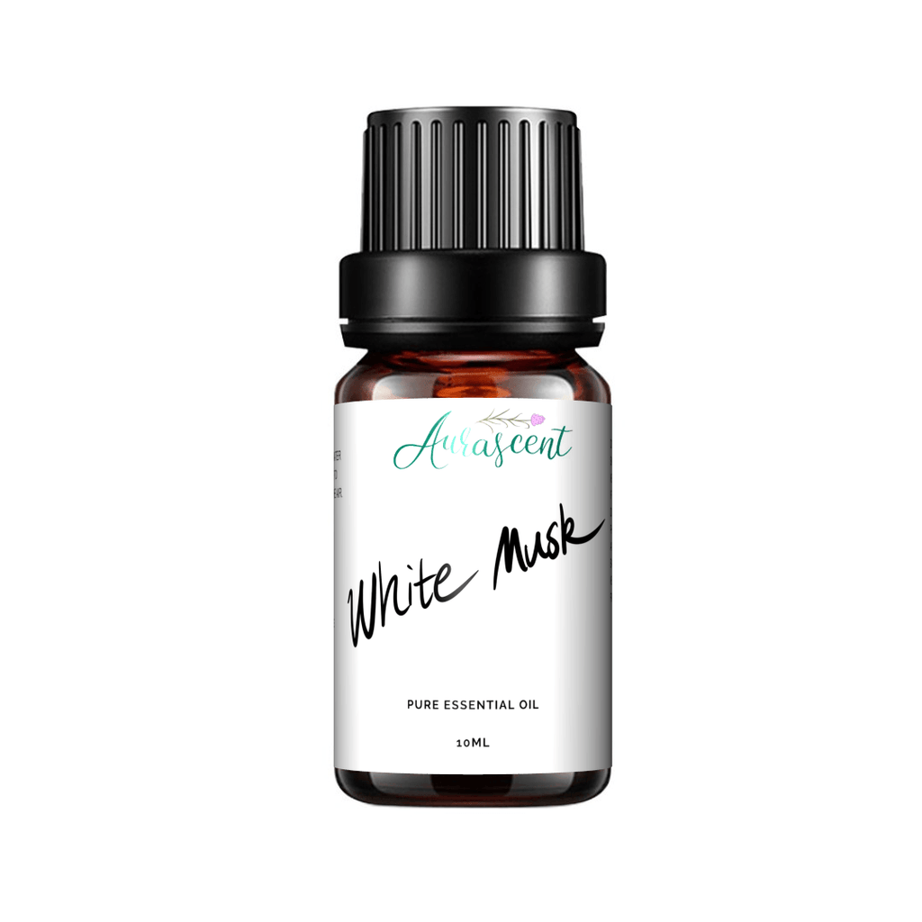 Aurascent White Musk Essential Oil in a 10ml bottle, showcasing the clear glass container and white label.
