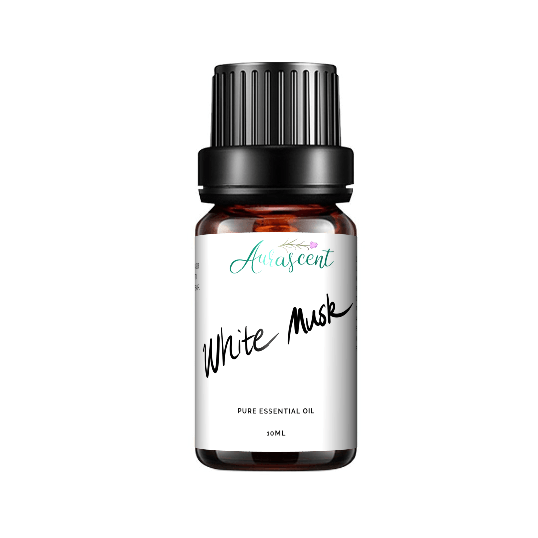 Aurascent White Musk Essential Oil in a 10ml bottle, showcasing the clear glass container and white label.