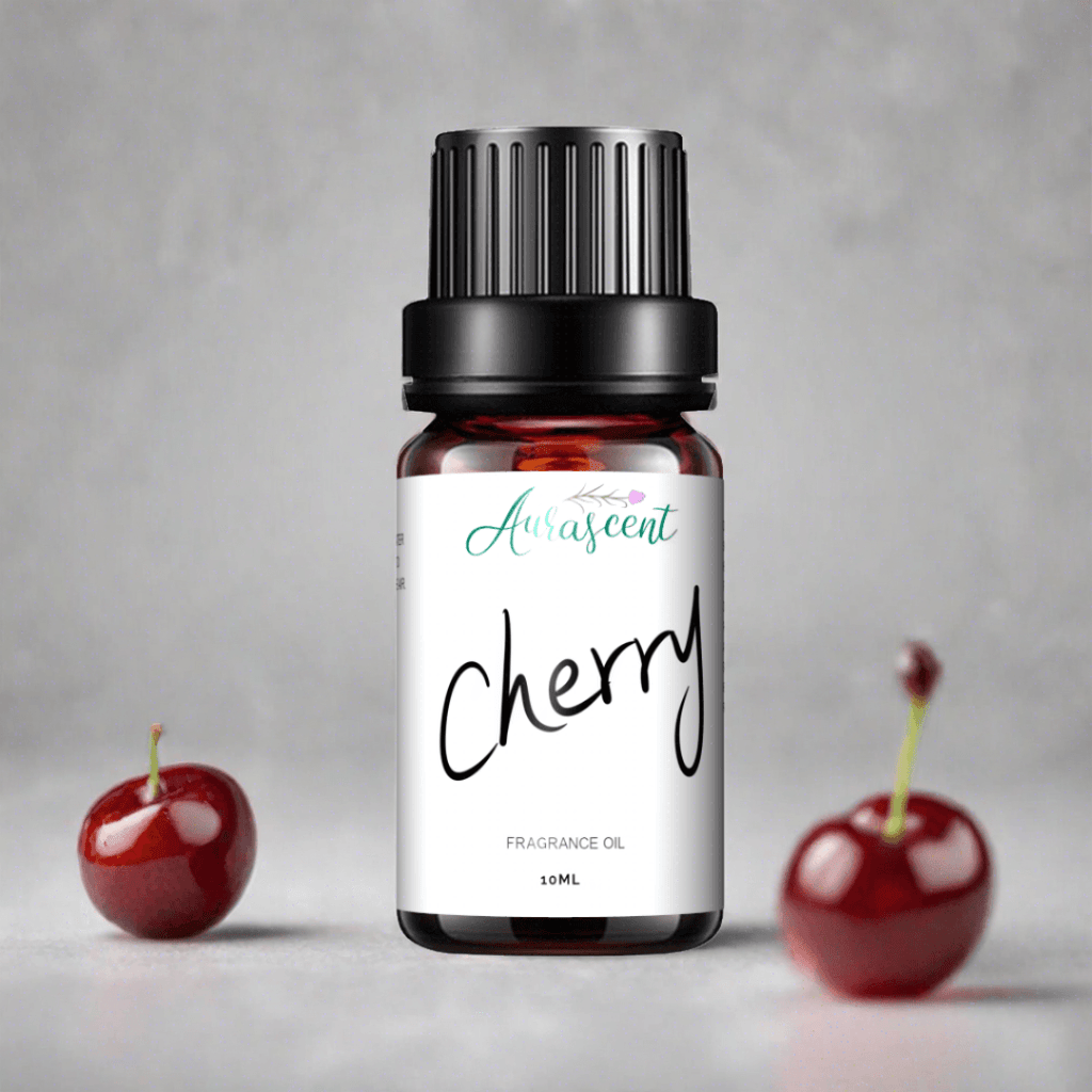 Aurascent Cherry Fragrance Oil in a 10ml bottle, showcasing fruity aroma with a cherry flavor suitable for aromatherapy and perfumes.