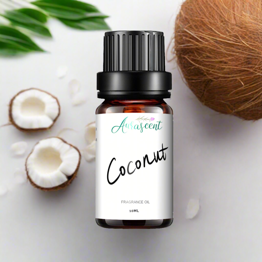 Aurascent Coconut Fragrance Oil in a 10ml bottle, fruity aroma with coconut scent, suitable for aromatherapy and DIY perfumes.