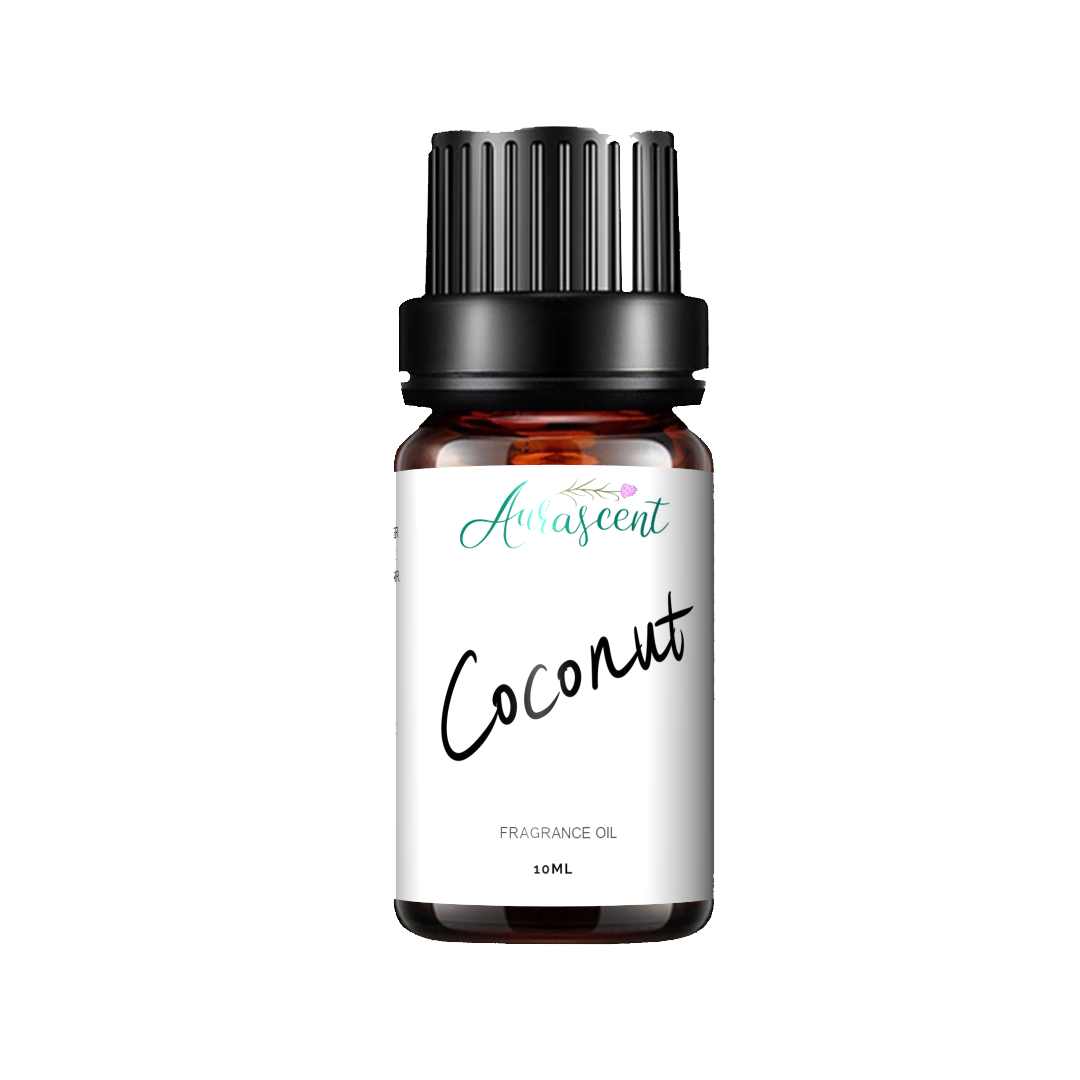 Aurascent coconut fragrance oil in a 10ml bottle, featuring fruity aroma with a tropical coconut scent and clear label.