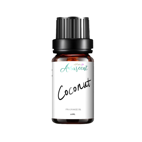 Aurascent coconut fragrance oil in a 10ml bottle, featuring fruity aroma with a tropical coconut scent and clear label.