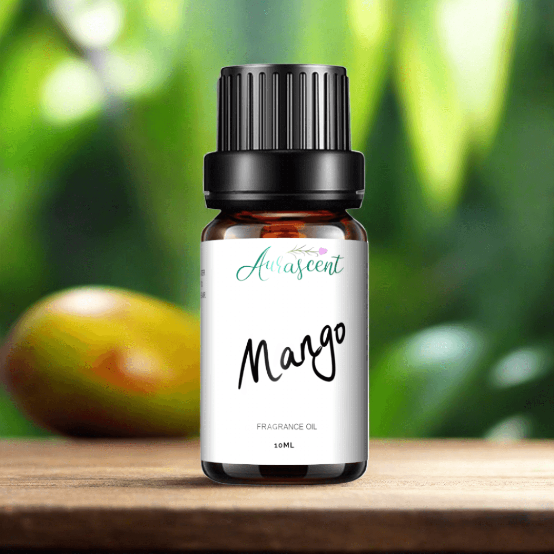 Aurascent Mango Fragrance Oil 10ml bottle showcasing vibrant mango-themed packaging for fruity aroma.