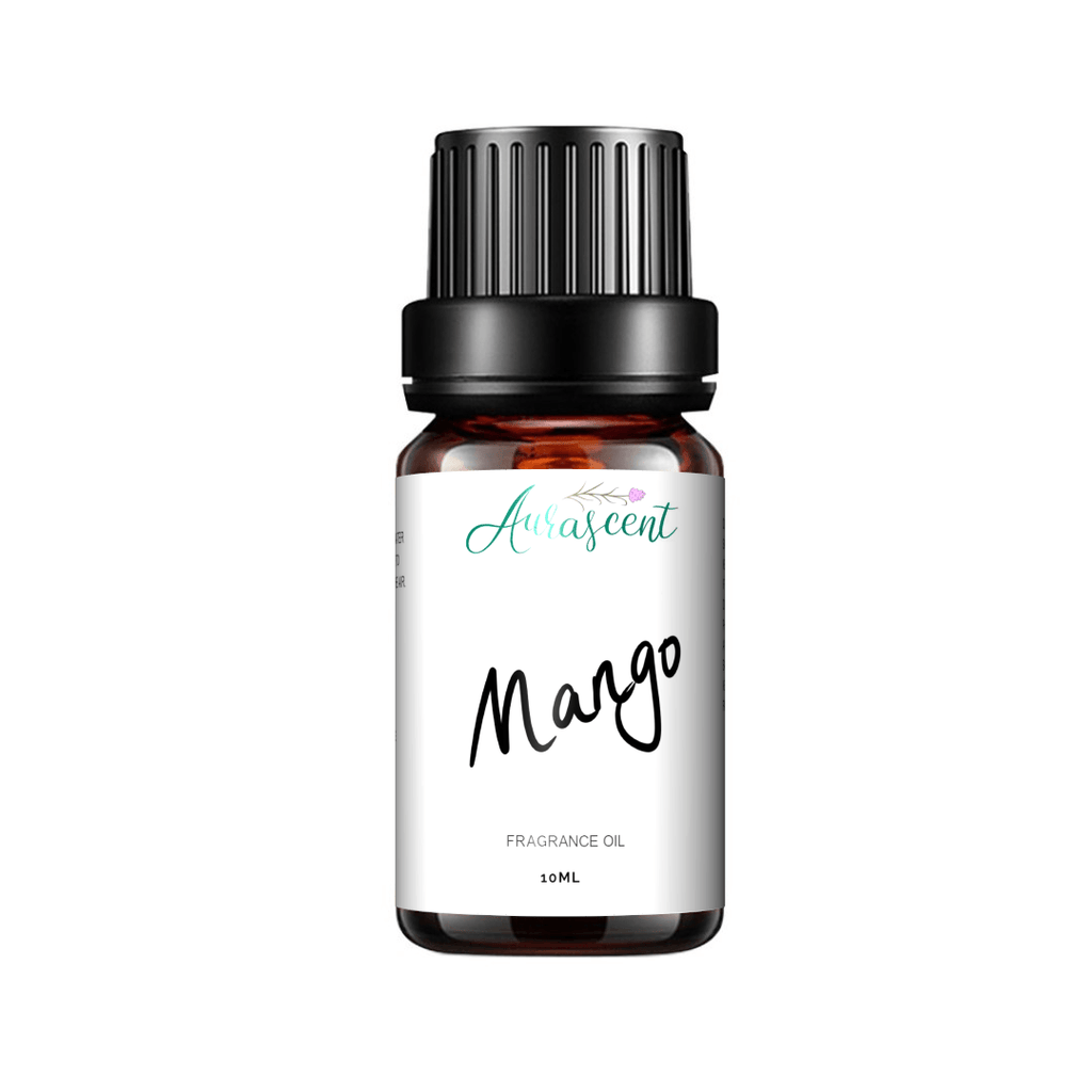 Aurascent Mango Fragrance Oil 10ml bottle with fruity aroma, featuring bright yellow mango illustrations on the label.