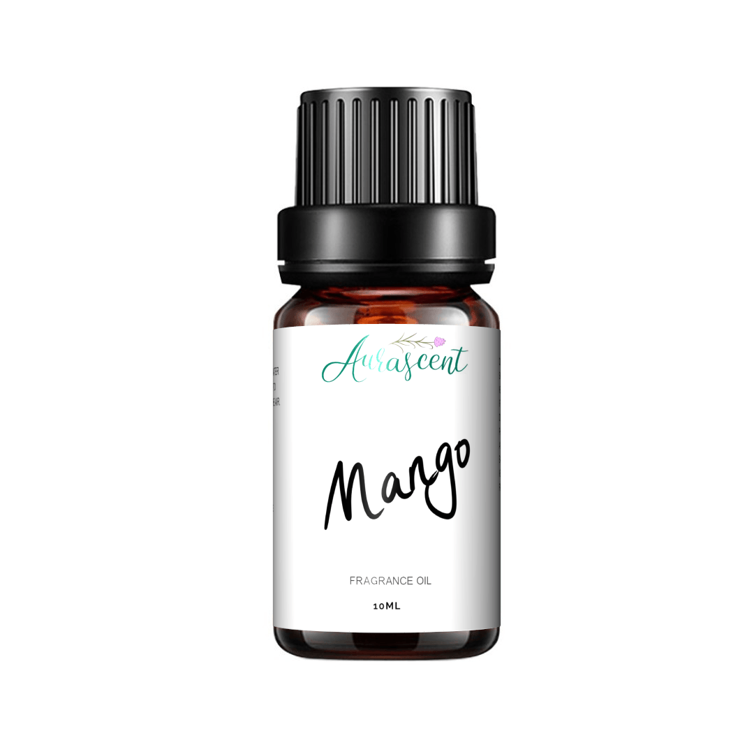 Aurascent Mango Fragrance Oil 10ml bottle with fruity aroma, featuring bright yellow mango illustrations on the label.