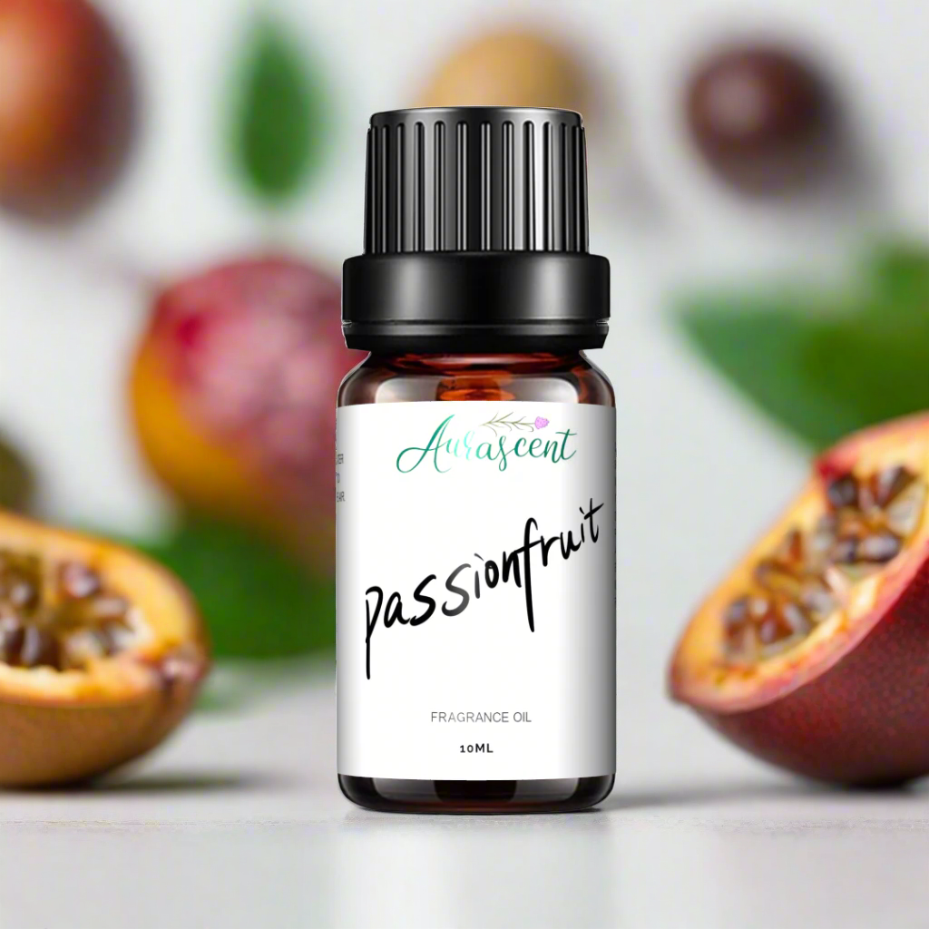 Aurascent Passionfruit Fragrance Oil in a 10ml bottle, showcasing vibrant fruit-inspired aroma for use in perfumes and diffusers.