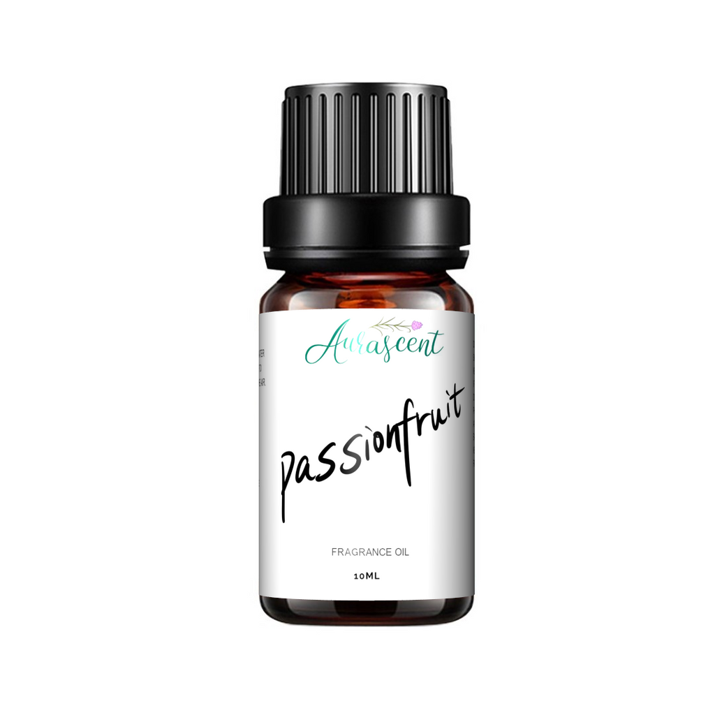 Aurascent Passionfruit Fragrance Oil 10ml bottle with a fruity aroma, showcasing vibrant passionfruit imagery.